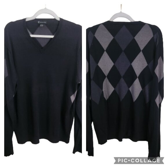 Inc International Concept Vintage Black Gray Argyle V Neck Sweater Size L - Picture 1 of 7